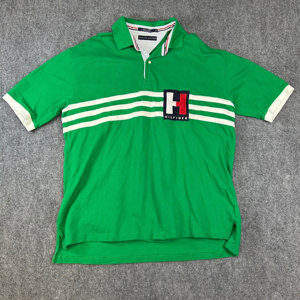 Tommy Hilfiger Mens XXL Green Striped Short Sleeve Crest Logo Polo Shirt